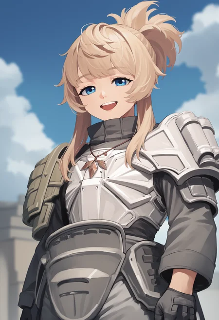 score_9, score_8_up, score_7_up, source_anime BREAK 1girl, solo, <lora:product23_pinne-nikke-richy-v1_pdxl:1> pnnnik, blue eyes, blonde hair, ponytail, bangs, necklace, armor, shoulder armor, long sleeves, gloves, grey pants, looking at viewer, smile, open mouth, half-closed eyes