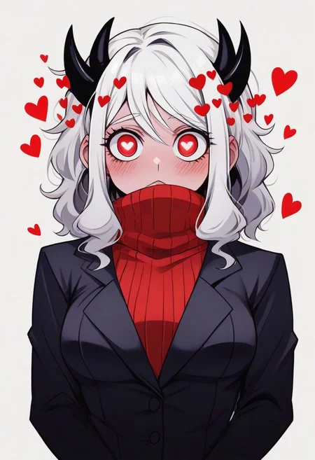 <lora:flattening-ponyxl-v1:1.3>, ,, Modeus_(Helltaker),horns, heart, demon girl, demon horns, heart-shaped pupils, symbol-shaped pupils, black horns, medium hair,demon tail, sweater, red sweater, tail, ribbed sweater, long sleeves, turtleneck, black jacket, formal, suit,, Anime eyes, anime face,<lora:add-detail-xl:0.7> <lora:xl_more_art-full_v1:0.1>