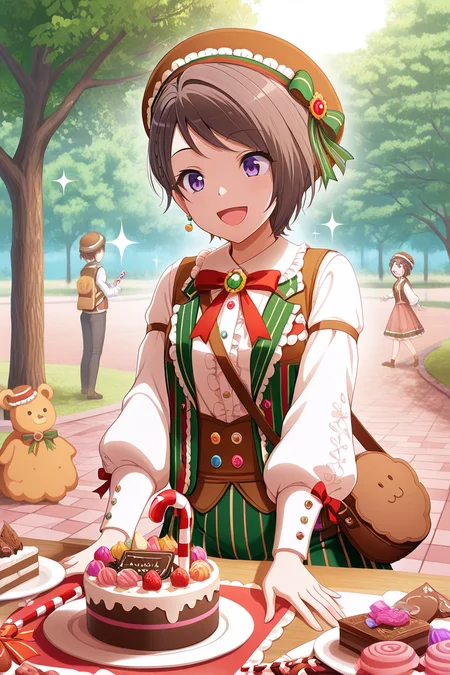 masterpiece, best quality, amazing quality,
<lora:Suzu_IL:1> suzu, 1girl, solo, food, short hair, candy, hat, smile, purple eyes, sweets, long sleeves, open mouth, brown hair, sparkle, bow, vest, tree, shirt, cake, candy cane, white shirt, outdoors, bag, frills, solo focus, jewelry