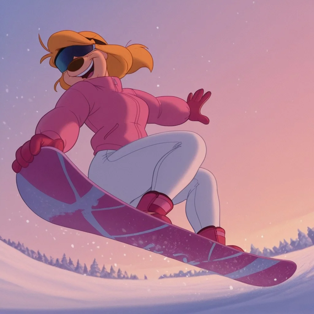 DisneyRenstyle, DISNEY_ANIMATION,
masterpiece, best quality, ultra-HD, cinematic ambiance, soft light, BREAK, 1girl, A Goofy Movie style, Goof Troop, toony, outdoors, winter, snow, sunny, anthro, furry female, blonde hair, short ponytail, bangs, low ponytail, small circle nose, slender waist, wide hips, short torso, medium breasts, short legs, curvy legs, thick calves, petite butt, hourglass figure, wearing pink winter coat, snowboard boots, white snow pants, athletic butt, snowboard helmet, skiing goggles over eyes, ski gloves, BREAK, snowboarding, feet strapped to snowboard, jumping, flinging snow, steep ski slope, laughing, speed lines, motion lines moving fast, butt towards viewer, dynamic angle, front view from below