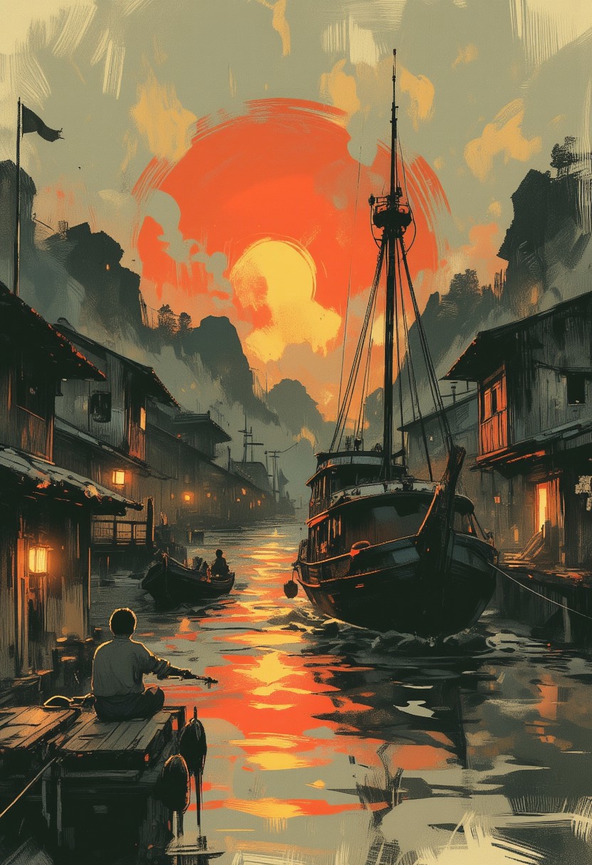 OBxiaoxiang, Special Ink-drawing mode, Mh1$AgThS2, intricate linework with expressive contrasts, inksketch of a Chinese Junk sailing into a south-east asian medieval harbour, sunset