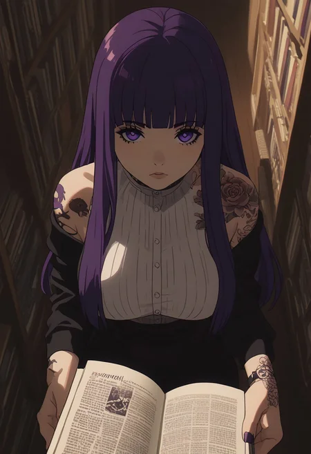 score_9, score_8_up, score_7_up, score_6_up, anime, cute goth girl, patFern, purple hair, long hair, purple eyes, antique bookstore, tattoos, holding a comic reading, looking up at viewer, pov from above, large natural breasts, hips, flat tummy, cinematic angle, cinematic lighting, solo focus