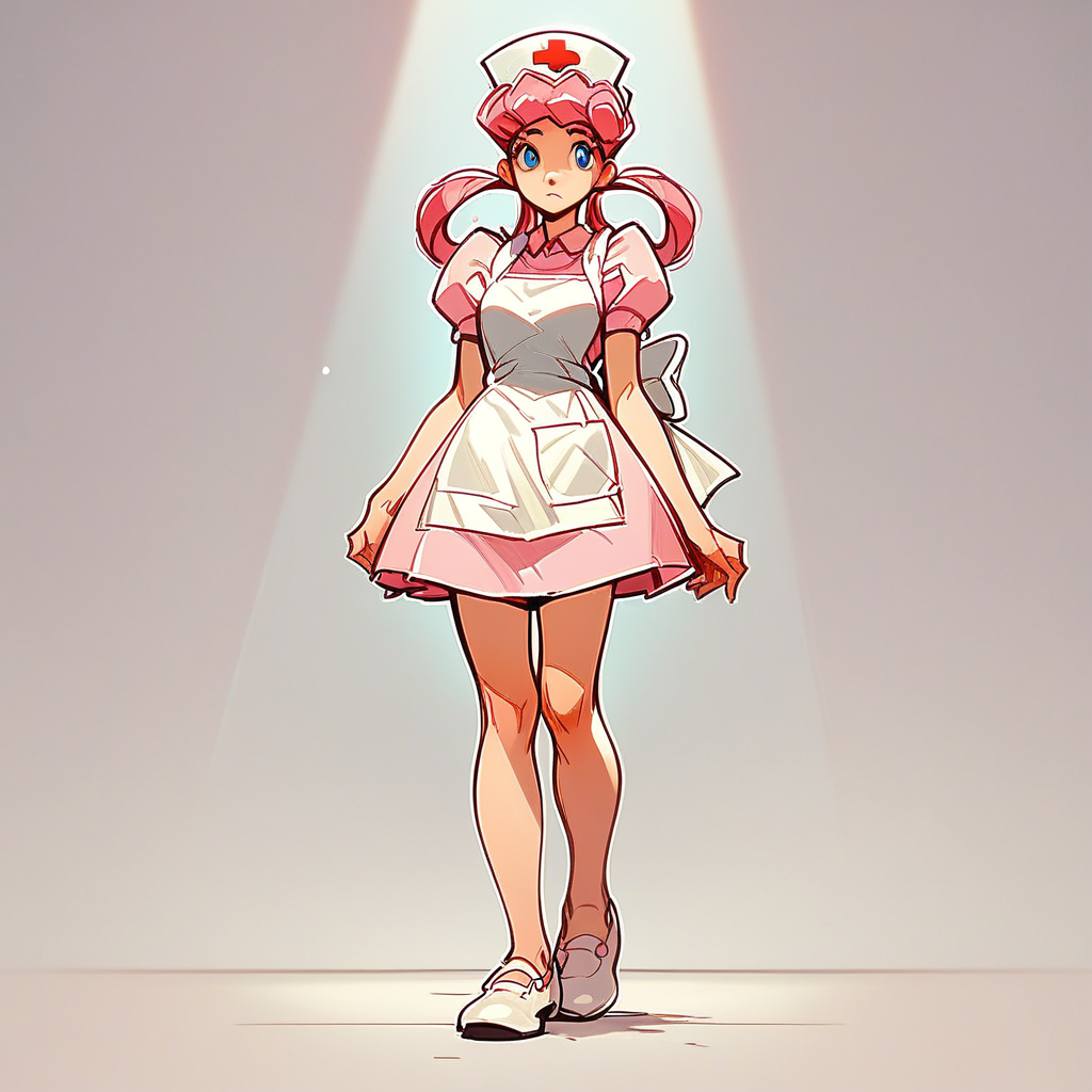 Score_9, score_8_up, score_7_up, Nurs3_j0y, solo, pink hair, hair rings, blue eyes, pink dress, apron, nurse cap, white footwear