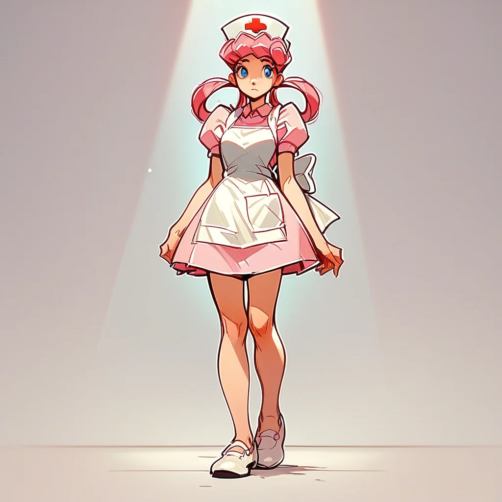 Score_9, score_8_up, score_7_up, Nurs3_j0y, solo, pink hair, hair rings, blue eyes, pink dress, apron, nurse cap, white footwear