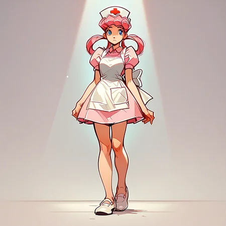 Score_9, score_8_up, score_7_up, Nurs3_j0y, solo, pink hair, hair rings, blue eyes, pink dress, apron, nurse cap, white footwear