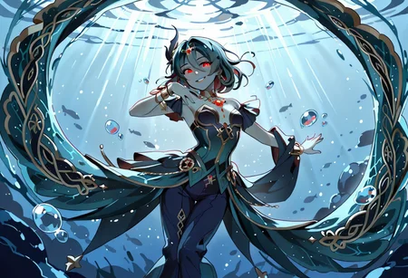 lazypos, character focused, anime girl, underwater setting, golden accessories, dark teal hair, glowing eyes, elegant smile, ancient jewelry, flowing outfit, blue pants, bubble details, light rays, dynamic pose, fantasy theme, goddess vibes, shimmering fabric, confident expression, magical lighting, aquatic atmosphere, swirling currents, heroic tone, WaiStyle