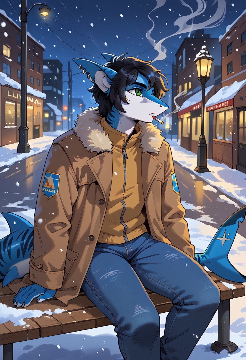 scappo,  score_9, score_8_up, score_7_up, 1boy, solo, lunarsunxl, anthro shark,dark blue skin, stripes on the body, short hair,lush hair,black hair, green eyes, shark tail, ear piercing, BREAK, Facing the viewer, looking up, looking away from the viewer, brown coat, blue jeans, smoking a cigarette, sitting on a bench, winter city, snowing, night, street lights, looking at a street light,