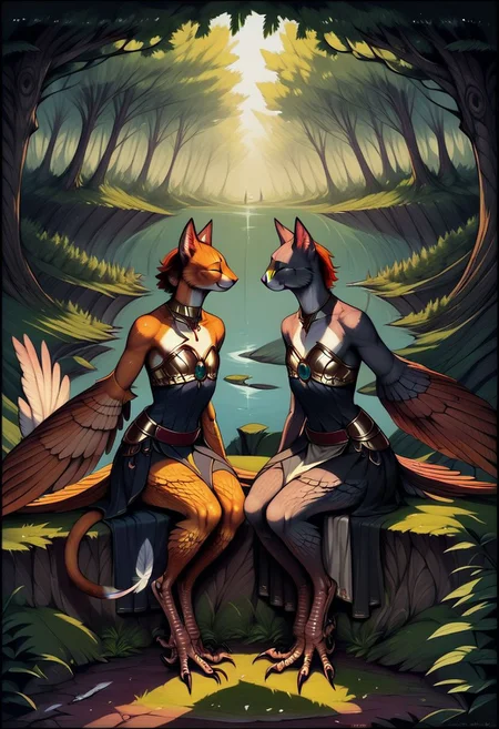 [creature name: Palagiri]
2 people, duo, androgynous, flat chest, no breasts, anthro, short hair, ((handfeet, prehensile toes, finger-toes, dexterous toes)):1.5, ((winged arms)):1.0, fully clothed, long pelvic curtain skirt, feline face, feline nose, feline ears, ((tapering tail, feather tipped tail)), large wings, digitigrade legs, no paws, harpy feet
Forest background, standing, sitting, wings folded, wings closed
((Close up)), detailed face, detailed handfeet, detailed toes, detailed wings, rating: pg, score: 8 up, score: 9