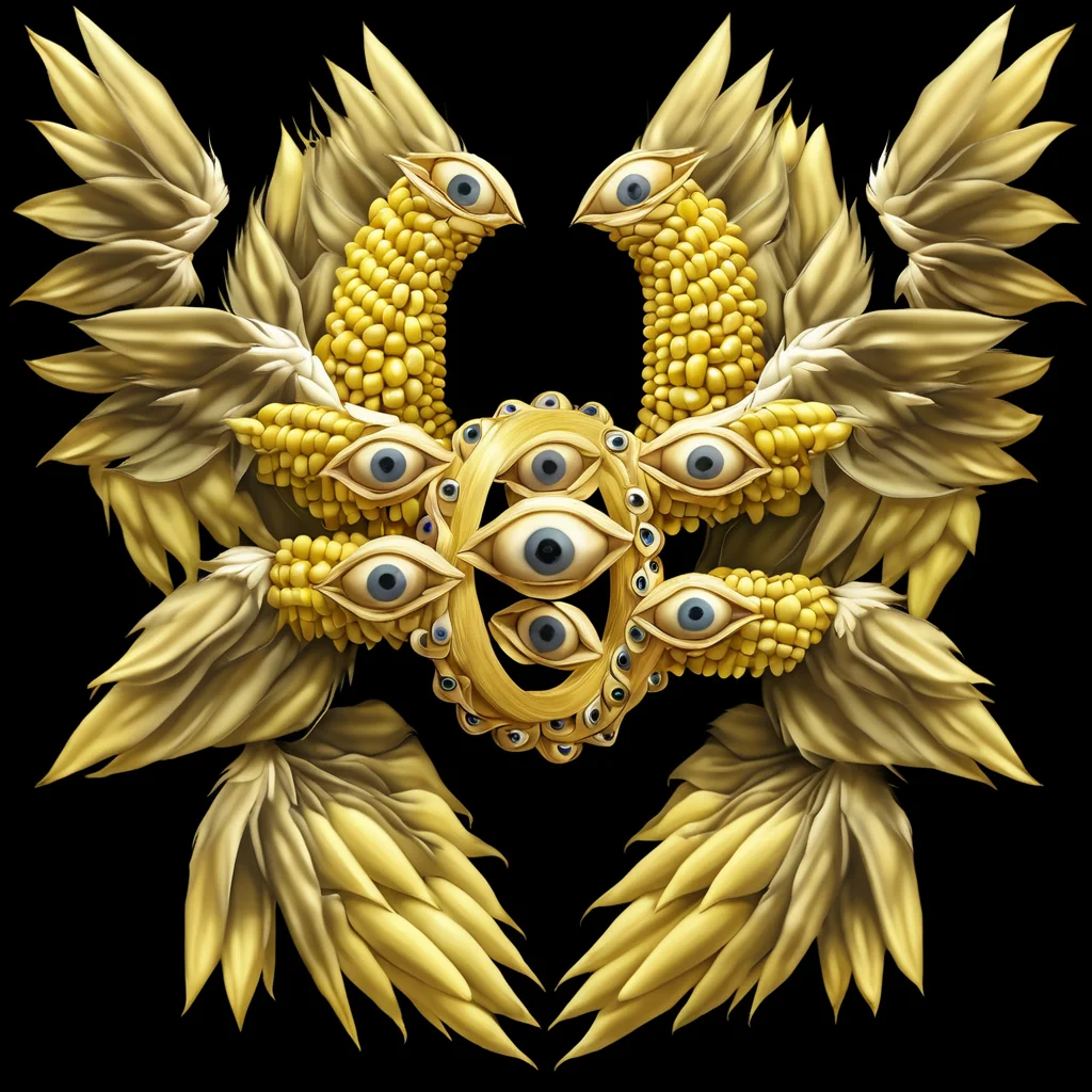 <lora:biblical_angels:1>photographic realism,biblicalangellora, integrated,wings, many eyes, rings, wings, dark background,<lora:CornKernelStyle:0.6>corncobs,corn kernels