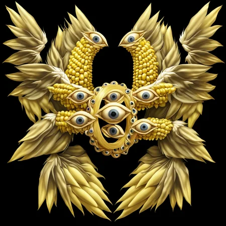 <lora:biblical_angels:1>photographic realism,biblicalangellora, integrated,wings, many eyes, rings, wings, dark background,<lora:CornKernelStyle:0.6>corncobs,corn kernels