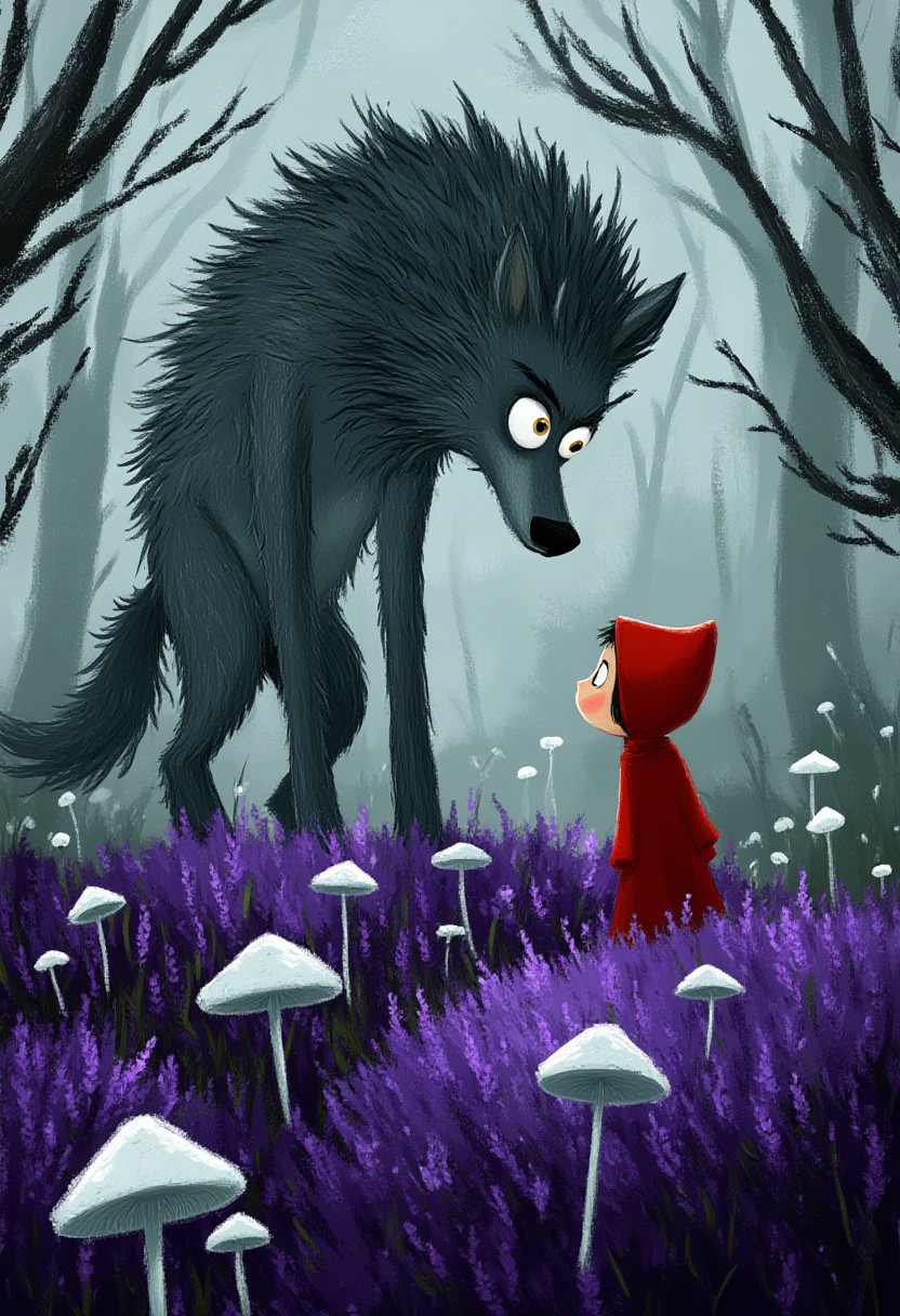 A whimsical illustration of a towering wolf with spiky fur in dark whimsical art style, bending down to meet a tiny girl in flowing red hood, among purple lavender and white mushrooms, digital painting with textured brushstrokes showing dramatic size contrast, misty forest background, characteristic Tim Burton inspired design with enormous amber eyes meeting child's innocent violet ones
