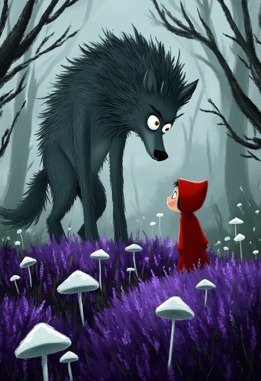 A whimsical illustration of a towering wolf with spiky fur in dark whimsical art style, bending down to meet a tiny girl in flowing red hood, among purple lavender and white mushrooms, digital painting with textured brushstrokes showing dramatic size contrast, misty forest background, characteristic Tim Burton inspired design with enormous amber eyes meeting child's innocent violet ones