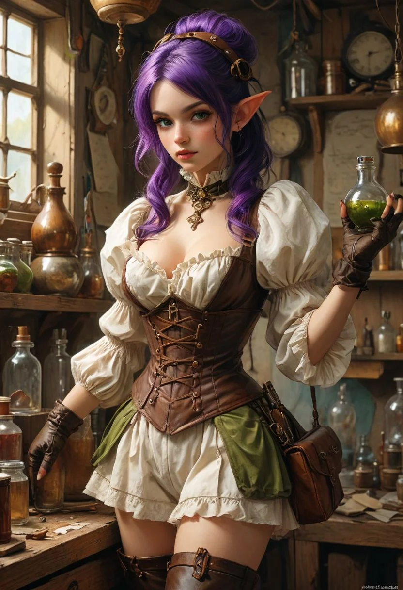 A purple haired beautiful gnomish tinker-alchemist preparing potions and gadgets, alchemypunk and clockwork punk motif, style of Karol Bak, Adam Hughes, Boris Vallejo, Julie Bell, Norman Rockwell,
{
1woman,
25 year old,
Vanellope
(Pointy Ears:1.3),
Purple hair,
(Green eyes,:1.3)
Makeup,
Big Round Eyes,
Fake Eyelashes,
fleshy big lips,
}
(Shortstack:1.2)
side ponytail, Steampunk goggles, goggles on head,
(Goblin Acedemia, Alchemy and Tinker shop, blueprints on walls, tools, potions, bottles, workbench, wooden walls, wood furniture, schematics on wall, blueprints on wall, Interior:1.1)
(Cleavage:1.2), puffy sleeves, puffy skirt, Shirt, brown corset, panty shot, leather belt, Brown Backpack, too many pouches, massive boots, massive gloves