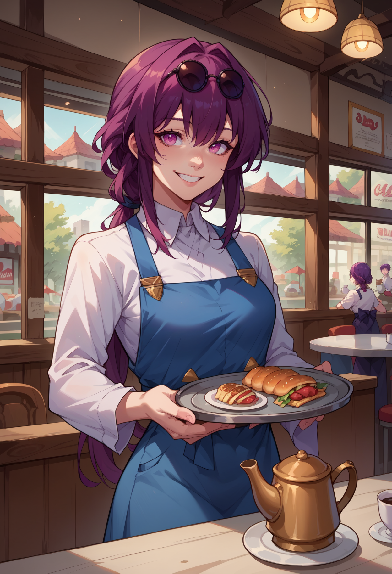 score_9, score_8_up,score_7_up, source_anime, rating_safe, 1girl, solo, <lora:EPhsrKafka:0.8> ,EPhsrKafka, purple hair, long hair, low ponytail, pink eyes, hair between eyes, eyewear on head, sunglasses, 
 indoors, diner, holding, coffee pot, waitress, tray, serving, standing, smile,
