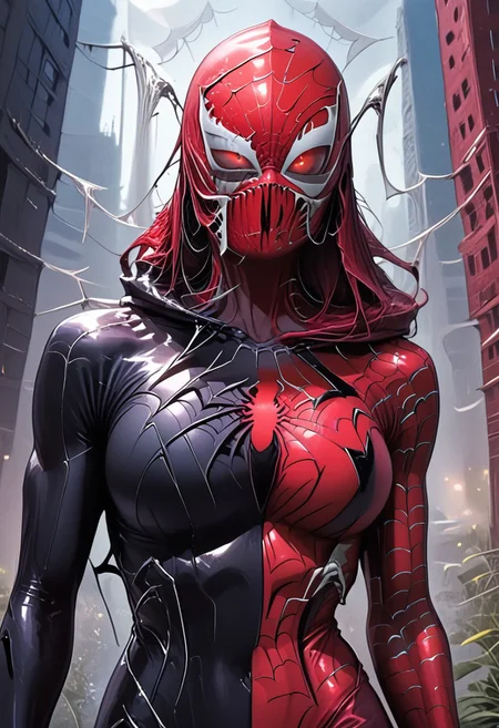ring on finger,latex elbow gloves, rings,Short sleeves,symbol on gloves,painted nails,ghost rider,purple and black multicolored,suit,spider symbol on suit, mask,ghost rider.rings on finger, mask, horned,arm tattoos,neck tattoos,rings on fingers,red and black spidersuit,ring on finger,detached sleeves latex elbow gloves arm tattoo rings body tattoo black mask black bodysuit red spider symbol full body print jewelry breasts lips animification earrings upper body piercing superhero parted lips bangs hood city silk ear piercing makeup spider web building tattoo medium breasts night eyebrow piercing hood up hooded bodysuit bracelet smoke hoodie portrait gloves arm tattoo smile choker moon hair behind ear full moon black bodysuit large breasts, ring, lip piercing split color hair two tone hair black red multicolor hair multicolored hair painted finger nails 1girl red lantern rings thighs lips bodysuit covered navel spider web print wide hips toned abs thick thighs skin tight superhero hair multicolored hair painted finger nails 1girl rings thighsspidersuit red eyeshadow blue eyeliner large ass,red eyes black sclera,carnage , black bodysuit, hooded bodysuit, hood up,symbiote,teeth, monster, tongue, glowing, red eyes, red skin,carnage_assimilation