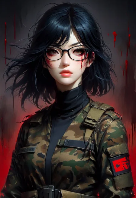 FFROA, full body, 1girl, tomie kawakami as a soldier, perfect face, black gloves, torn ss uniforms, black messy hair, glasses, scar on face, blood on uniforms,