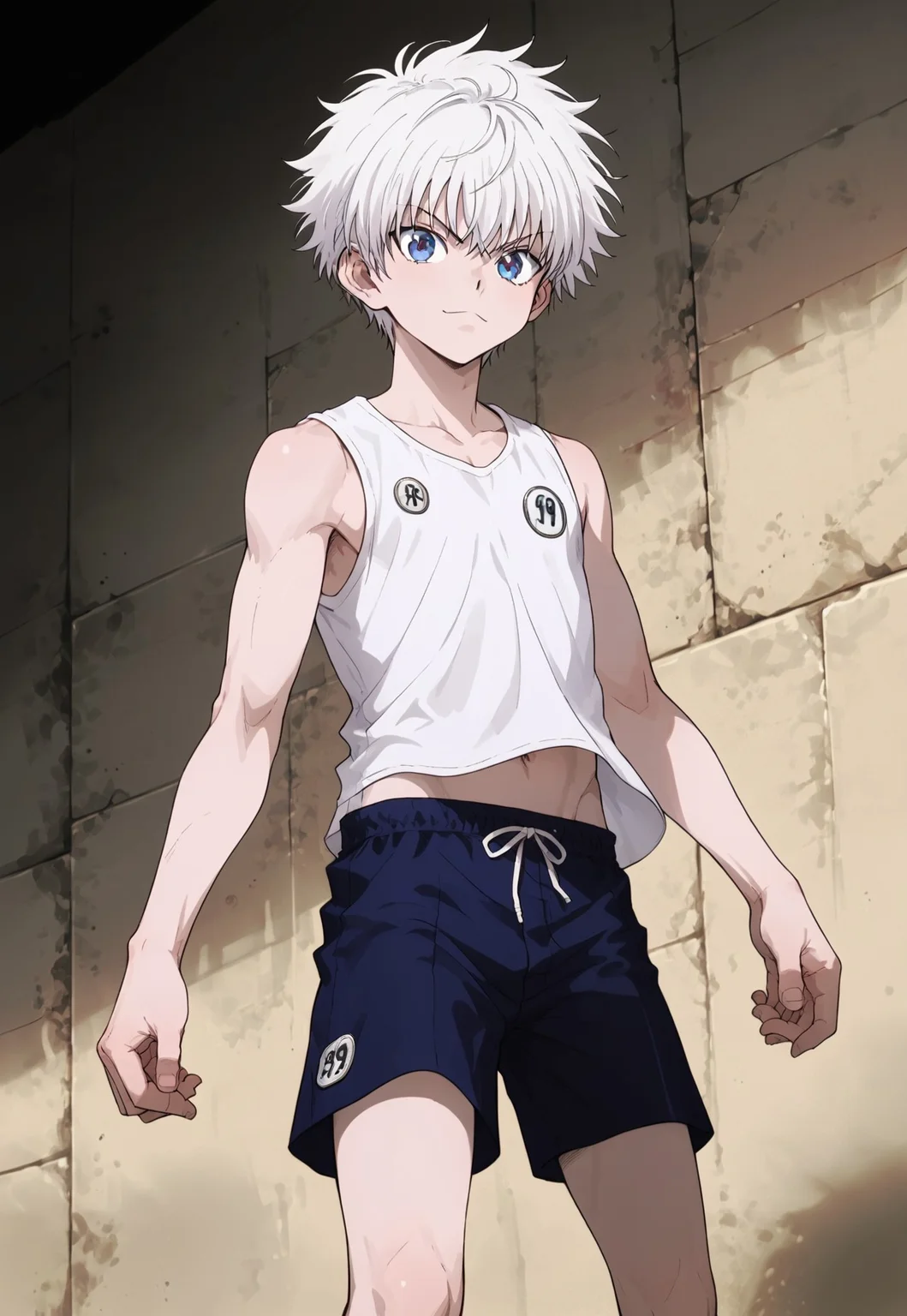 safe_pos, score_9_up, score_8_up, score_7_up,anime source,(realism:0.8) , best quality, lots of details, clear outline,
, 1boy,killua_zoldyck,,solo, 18yo, bishounen, emaciate physique , ,handsome:1.3,male focus, thin body, short hair, white hair, blue eyes,,blue eyestsurime,detailed eyes, Serious expression, light smile, , detailed face,colorful,
Kicks, punches, dynamic poses,cheers,
fighting champion,
tank shirt,sleeveless,booty shorts,narrow shoulder,thin chest,navel,
screen focus on full body,
perfect shooting angle,
outdoor ,
great anatomy,