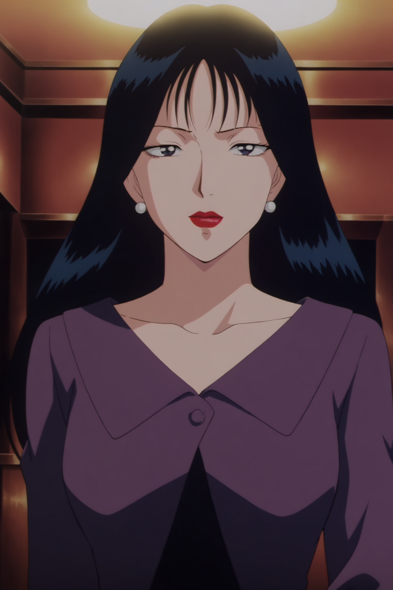 anime screencap,anime coloring,detailed face,masterpiece,best quality,very aesthetic,absurdres,volumetric lighting,official style,amazing quality,ultra detailed,highres,amazing quality,scenery,beautiful detailed hair,beautiful detailed eyes,<lora:Natsuyo Ogata-IL V1:1>,
Natsuyo Ogata,1girl,solo,earrings,black hair,jewelry,red lips,lipstick,makeup,long hair,dress,closed mouth,