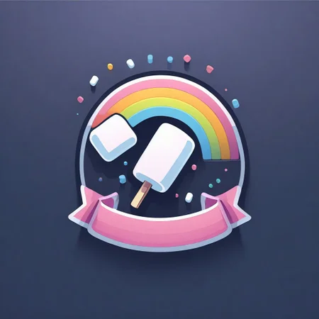 ribbon logo, marshmallow, rainbow, pink and blue