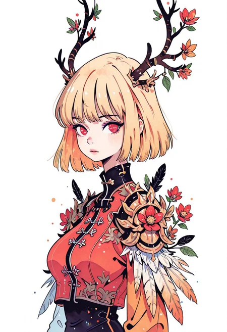 masterpiece,best quality,amazing quality, 1girl, solo, Cha Hae-In, blond hair, bob cut, looking at viewer, white background, upper body, flower, leaf, feathers, antlers, Flatline, Flat vector illustration,
rapscallionstyle,
watercolor