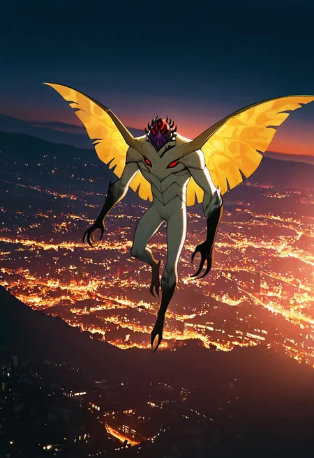 masterpiece, best quality, amazing quality, very aesthetic, absurdres, newest,, detailed background, 
highbreed, extra eyes, solo, alien, white skin, purple face, , monster, red eyes, black hands, , claws, black head spikes, white body,
wings, yellow wings, flying, above city, city view, night time, cinematic, movie scene, background blur,