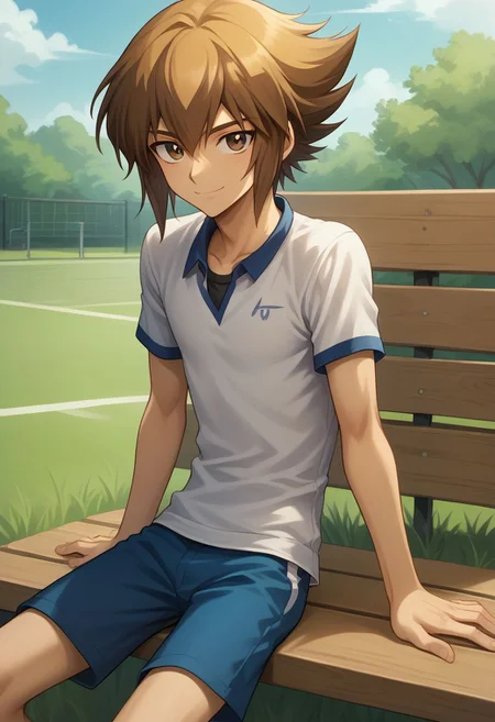 score_9, score_8_up, source_anime, highly detailed, 1boy, solo, slender, skinny, 
jaden, 1boy, solo, male focus, brown hair, brown eyes, multicolored hair, smile, sportwear, short pants, short sleeve, tennis clothes, upper body, sit,
outdoor, grass, bench,