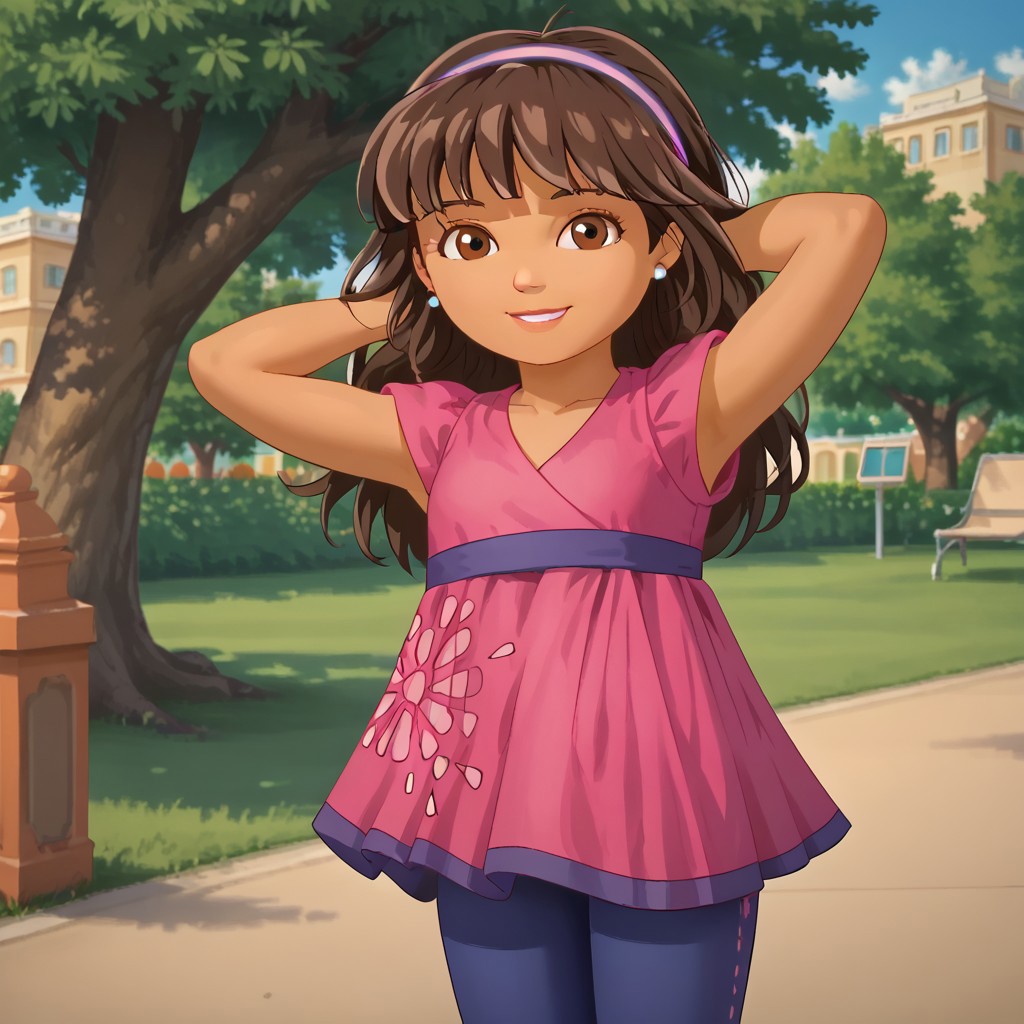 score_8, score_9, break, solo, female child,  dora_af, dark-skinned female, brown hair, long hair, hairband, earrings, brown eyes, dress, leggings, hands behind head, smile, looking at viewer, outdoors, park,