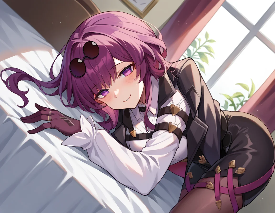 score_9, score_8_up, score_7_up, source_anime,
honkaikafka, <lora:honkai-kafka-ponyxl-lora-nochekaiser:1>,
kafka, eyewear on head, round eyewear, purple eyes, purple hair, long hair, smile,
black jacket, gloves, high-waist shorts, jacket, pantyhose, pantyhose under shorts, shirt, shorts, white shirt
indoors, bed, bed room, on side, blush, drunk,
looking at viewer, dutch angle, cowboy shot,