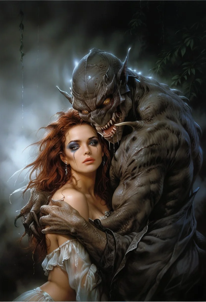 score_9, score_8_up, score_7_up, score_6_up, semi-realistic, (1girl), (1boy).
MonsterLove, male monster, Grey monster.
blondie girl with sexy makeup.
Hug.