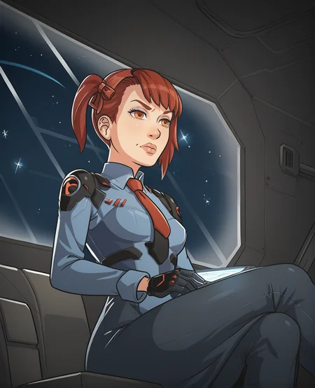 score_9,score_8_up,score_7_up,score_6_up BREAK,1girl,solo,cockpit,spaceship,space,science fiction,dark background,piloting,cyberpunk,serious,(spacesuit:0.4),(military uniform:0.5),long sleeves,gloves,dress,sitting,side ponytail,red_hair,amber eyes,hair ribbon,tie,straight-on,from below
<lora:bonestales_themanor_style-000011:1>