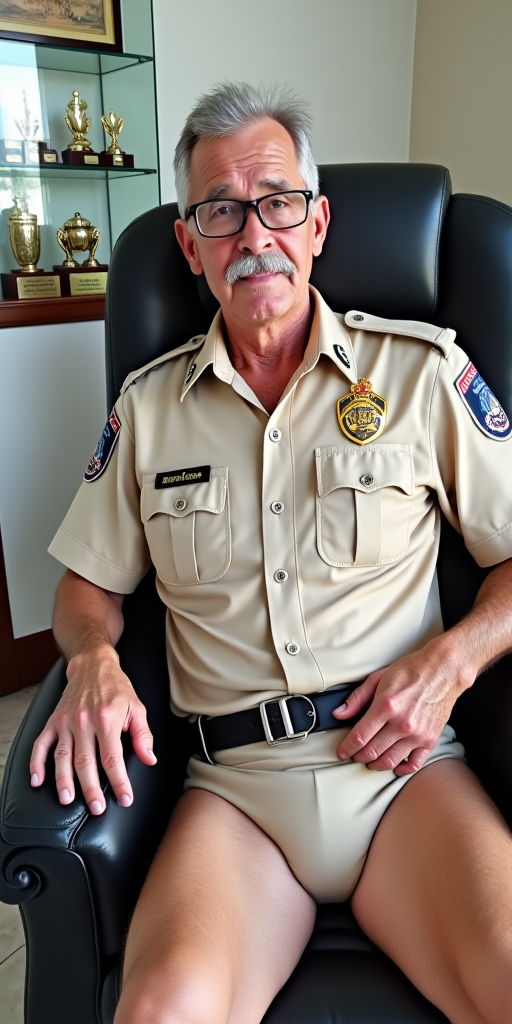 The image is a photograph of an older man with a muscular build, taken indoors. He is very handsome with a prominent mustache and glasses. The man has a stern expression on his face, with slightly furrowed eyebrows, a very handsome malay grandfather, who is lusty and a gangbang anal-whore. He is wearing only a tiny thin low-rise g-string which reveals his muscular arms, shoulders extremely beefy pectorals, stocky muscular gut and hairy torso and hairy pubic hair. This photograph features a man seated in a modern, black leather armchair with a cushioned seat. He is dressed in unbuttoned beige police uniform, which includes a short-sleeved shirt with several pockets and a distinctive emblem on the left shoulder. The uniform also has a badge and various insignia on the chest. The man has short, greying old man grandfather dark hair and is seated comfortably with his hands tied behind, with his arms tied behind.

The background of the image shows a clean, well-lit room with white walls and polished, light-colored flooring. To the left, there is a glass display case or cabinet containing trophies or awards on a wooden shelf. The room also features a framed picture on the wall above the man, which appears to be a certificate or a piece of artwork, though it's not fully visible. The overall setting suggests a professional or official environment, possibly an office or a police station. The lighting in the room is bright, indicating it's daytime, and the overall atmosphere is clean and organized. The man's attire and the setting imply he is a police officer, possibly in a supervisory or administrative role. but emphasize on his G-string which is very tiny very tight, very low-rise and he have very thick hairy pubic hair, and showing off his muscular gut and beefy strong pectorals hairy malay body.

<lora:FLUX1/Self Trained/malay 001.safetensors:1.0>, <lora:FLUX1/Self Trained/malay male 002.safetensors:1.0>, <lora:FLUX1/Self Trained/malay male 003.safetensors:1.0>, 
<lora:FLUX1/G-String-Flux_r1-000017.safetensors:2.1>, <lora:FLUX1/Hands_tied_behind_back_FLUX-000008.safetensors:1.0>, 
