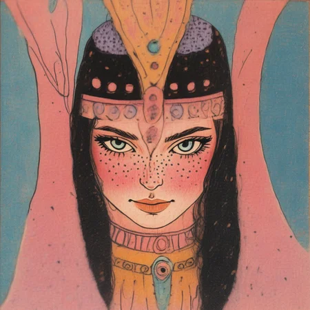 ArsMJStyle, Pastel Reverie, The image shows a painting of a woman wearing a pink headdress with a human face in the center., 1girl, solo, freckles, traditional media, black hair, looking at viewer, portrait, blush, painting (medium), blue eyes