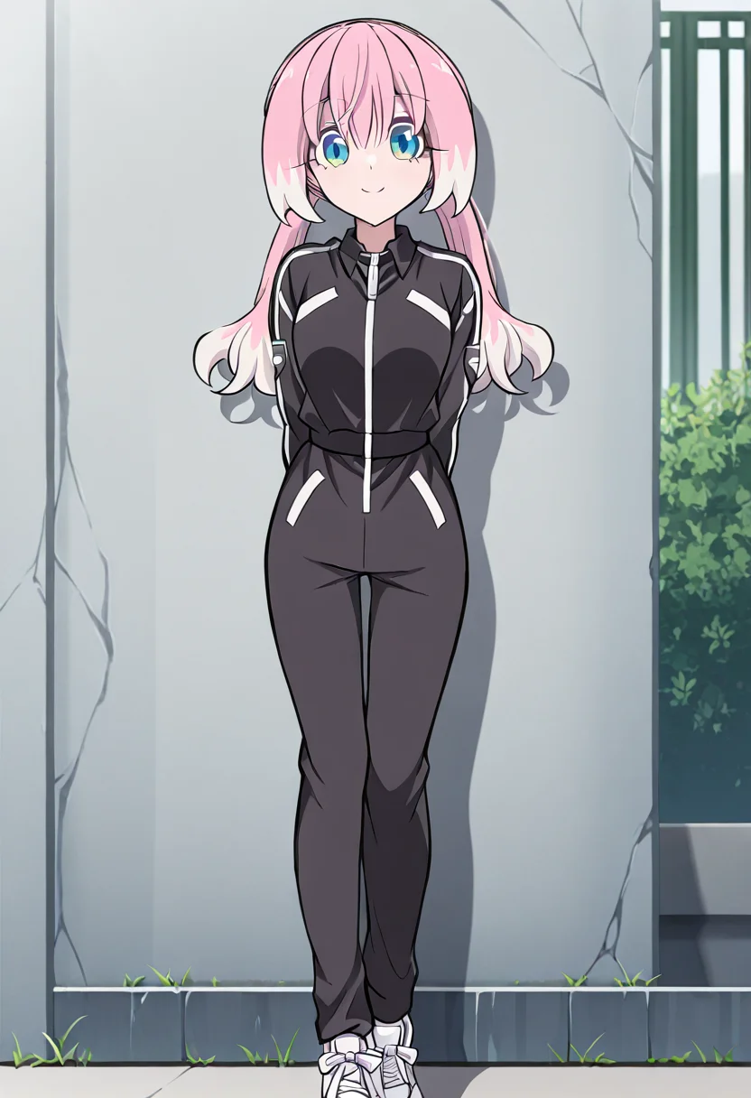 masterpiece, best quality, hiiragi nana, 1girl, solo, white trim, standing, against wall, outdoors, black track jacket, badge, two-tone hair, green eyes, white footwear, sneakers, pink hair, white hair, low twintails, smile, hands behind back, pants, <lora:Talentless_Nana_-_( Nana+Nanao) _Timeskip-000005:1>