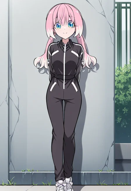 masterpiece, best quality, hiiragi nana, 1girl, solo, white trim, standing, against wall, outdoors, black track jacket, badge, two-tone hair, green eyes, white footwear, sneakers, pink hair, white hair, low twintails, smile, hands behind back, pants, <lora:Talentless_Nana_-_( Nana+Nanao) _Timeskip-000005:1>