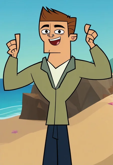 Score_9, cartoon source, toon source, DON, 1boy, solo, Brown hair, black eyes, thin eyebrows, black pupils, round pupils, light green shirt, white shirt, blue pants, happy, beach, blue sky, sunny.