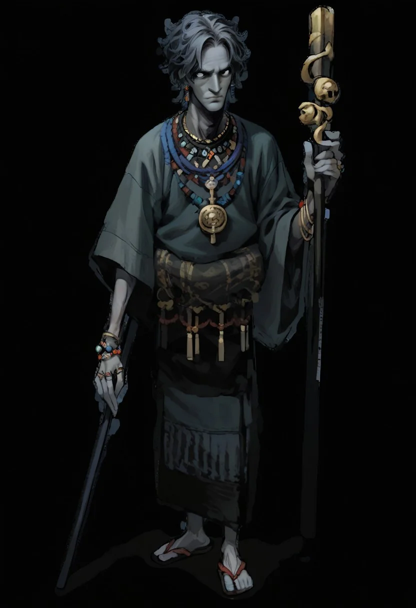 score_9, score_8_up, score_7_up, score_6_up, score_5, score_4_up, Fhunger, grey skin, solo, wide sleeves, full body, 1boy, holding staff, necklace, bracelet, transparent background, staff, male focus, standing, no humans, simple background