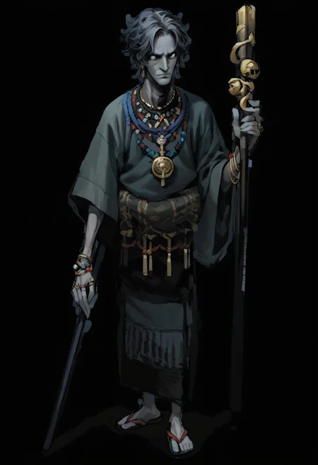 score_9, score_8_up, score_7_up, score_6_up, score_5, score_4_up, Fhunger, grey skin, solo, wide sleeves, full body, 1boy, holding staff, necklace, bracelet, transparent background, staff, male focus, standing, no humans, simple background