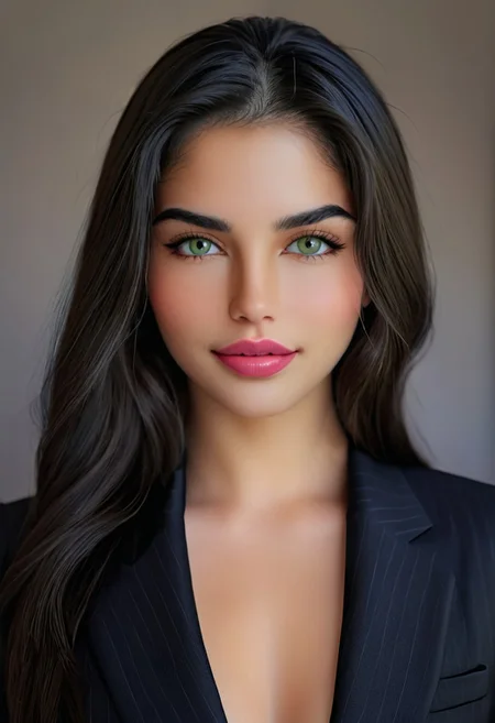 photorealistic, epic realism, (masterpiece), (Realistic photo), (High quality), (RAW photo 8k), (upper body), (Photography by Steve McCurry), incredibly absurdres, young, supermodel, 1girl, solo, ((upper body, portrait, looking at the viewer)), (outline defined full lips:1.4), (green/hazel eyes), perfect symmetrical eyes, long eyelashes, wearing a black modern designer (suit:1.4), (highly detailed, intricate), ((black hair:1.4), modern hairstyle, hair intakes, detailed long hair, (healthy hair, silky hair, voluminous hair)), ((natural, eyeliner, pink lipstick, seductive smiling expression, closed mouth, closed lips, highly detailed face)), (exceptional Detail Clarity, dynamic angle, DSLR, hyper-detailed), (fine details, sharp focus, depth of field).