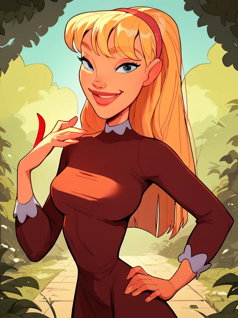 <lora:NatPony2.0:1> nat, thick lips, hairband, blonde hair, long hair, 1girl, solo, breasts, dress, smile, outdoors, looking at viewer, hand on own hip,, score_9, score_8_up, score_7_up, score_6_up, score_5_up, score_4_up
