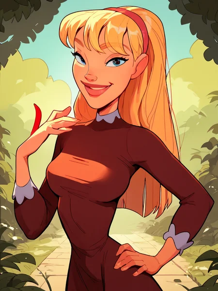 <lora:NatPony2.0:1> nat, thick lips, hairband, blonde hair, long hair, 1girl, solo, breasts, dress, smile, outdoors, looking at viewer, hand on own hip,, score_9, score_8_up, score_7_up, score_6_up, score_5_up, score_4_up