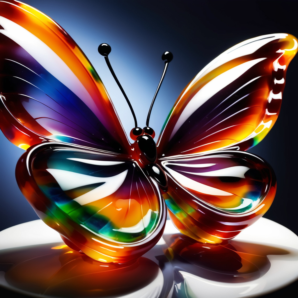 made out of Jed-Jly, <lora:JellyStyle-000007:1>, Butterfly, rich deep colors, fine polished, highly detail, flowing, dynamic dramatic atmosphere, unique, complimentary colors, cinematic light, professional creative