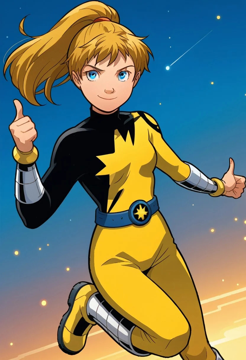 score_8, score_8_up, score_7_up, source_anime, anime screenshot, 1girl, female focus, solo, Future_Katie, blonde hair, ponytail, blue eyes, turtleneck, Power Pack uniform, asymmetrical clothes, star (symbol), ener_logo, print bodysuit, yellow bodysuit, black bodysuit, bracers, metal bracers, belt, metal boots, full body, smile, looking at viewer, thumbs up
