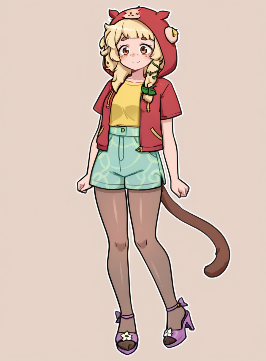 1girl, solo,  <lora:BananaJuju:0.8> bananajuju, blonde hair, brown eyes, freckles, monkey tail,
red open hoodie, aran hoodie, short sleeves , hood up, yellow polo shirt, short sleeves, aqua see-through shorts, brown high-waist pantyhose, purple high heel slides, standing, gentle lean, soft eyes, warm smile, serene affection,
 <lora:AcanthAI-IL:0.9> acanthai, extremely detailed, highres, masterpiece, best quality