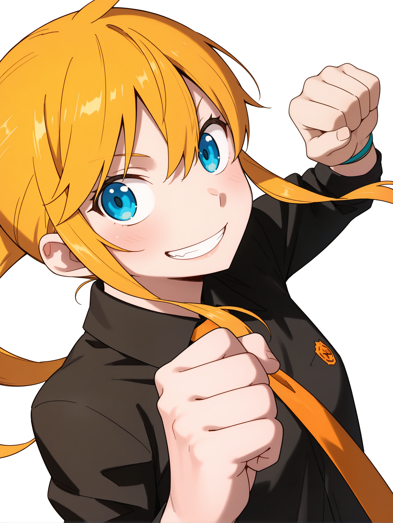 masterpiece,best quality,newest,1girl,solo,
<lora:kageyama_torako_ilxl_v1.1:1>,torako,ponytail,h_clothes,black collar shirt,<lora:Fixhands_anime_bdsqlsz_V1:1>,dynamic_angle,cinematic_angle,white_background,simple_background,raised fist,upper_body,grin,standing,
