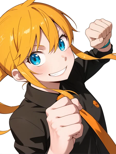 masterpiece,best quality,newest,1girl,solo,
<lora:kageyama_torako_ilxl_v1.1:1>,torako,ponytail,h_clothes,black collar shirt,<lora:Fixhands_anime_bdsqlsz_V1:1>,dynamic_angle,cinematic_angle,white_background,simple_background,raised fist,upper_body,grin,standing,