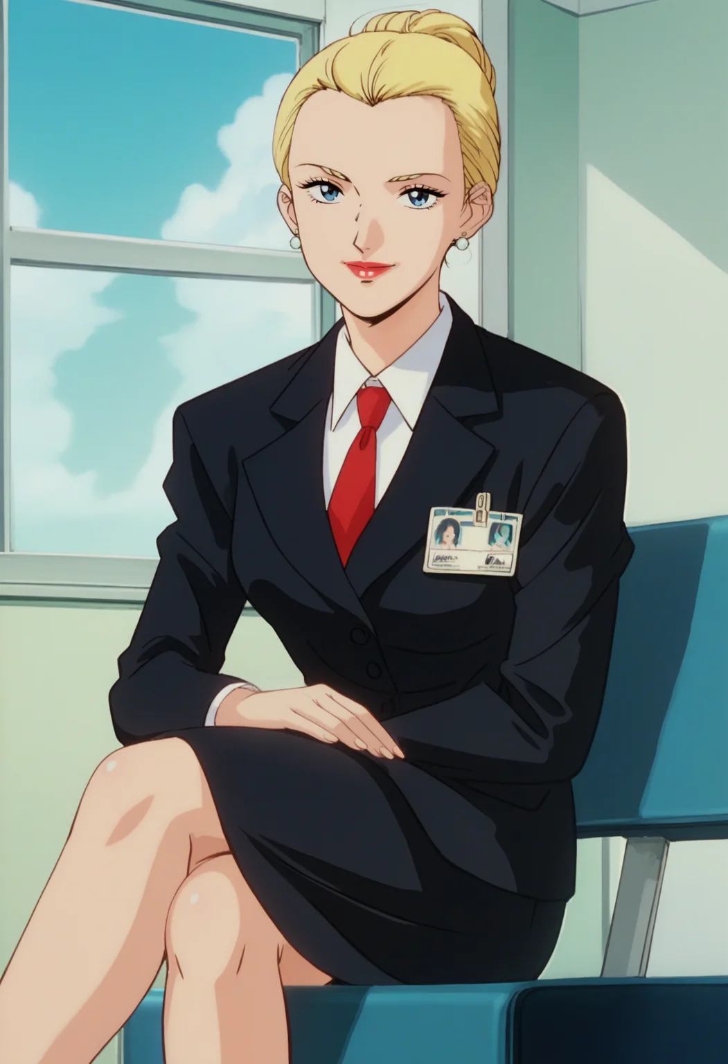 score_9, score_8_up, score_7_up, score_6_up, anime screencap, anime coloring, <lora:G0080_epoch_10:0.9>, G0080P, 1girl, solo, blonde hair, single hair bun, blue eyes, lipstick, earrings,
suit, black jacket, collared shirt, white shirt, red necktie, name tag, black skirt, pencil skirt,
looking at viewer, smile, sitting, crossed legs, 
BREAK indoors, window, blue sky, sky, sunbeam,