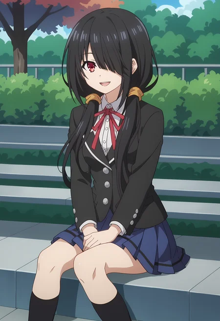 score_9, score_8_up, score_7_up, source_anime, 2d, Kurumi Tokisaki, 1girl, black hair, low twintails, red eye, covered eye, medium breasts, yellow hairband, school uniform, white dress, red ribbon, blue skirt, black jacket, anime coloring, anime screencap, detailed eyes, zPDXL, perfect faces, uncensored, rating_explicit, <lora:kurumi_tokisaki_0-000035:0.8>, looking at viewer, smile, open mouth, sitting, park,