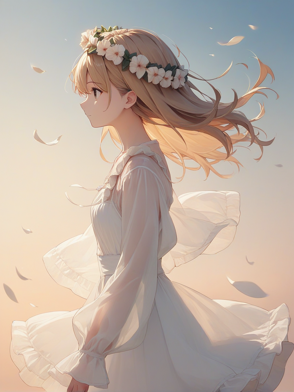score_9, score_8_up, score_7_up, score_6_up, source_anime, <lora:cutesy_dress_v0.2-pony:1> 
1girl, brown hair, blonde hair, 
white dress, frilled dress, sleeves past wrists, see-through,
from side, profile, head wreath, sky, wind,