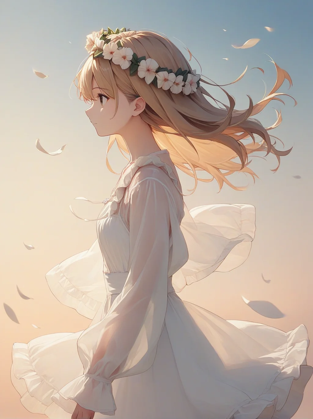 score_9, score_8_up, score_7_up, score_6_up, source_anime, <lora:cutesy_dress_v0.2-pony:1>
1girl, brown hair, blonde hair,
white dress, frilled dress, sleeves past wrists, see-through,
from side, profile, head wreath, sky, wind,