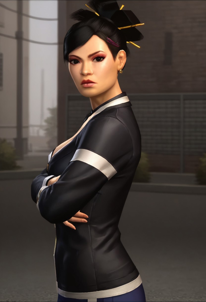 score_9, score_8_up, score_7_up, source_realistic, Rating_explicit, realistic,
SR_Lin, 1girl, black hair, hair ornament, black eyes, makeup, hair bun, hair stick, earrings, black shirt, long sleeves, alleyway, crossed arms, looking at viewer, standing